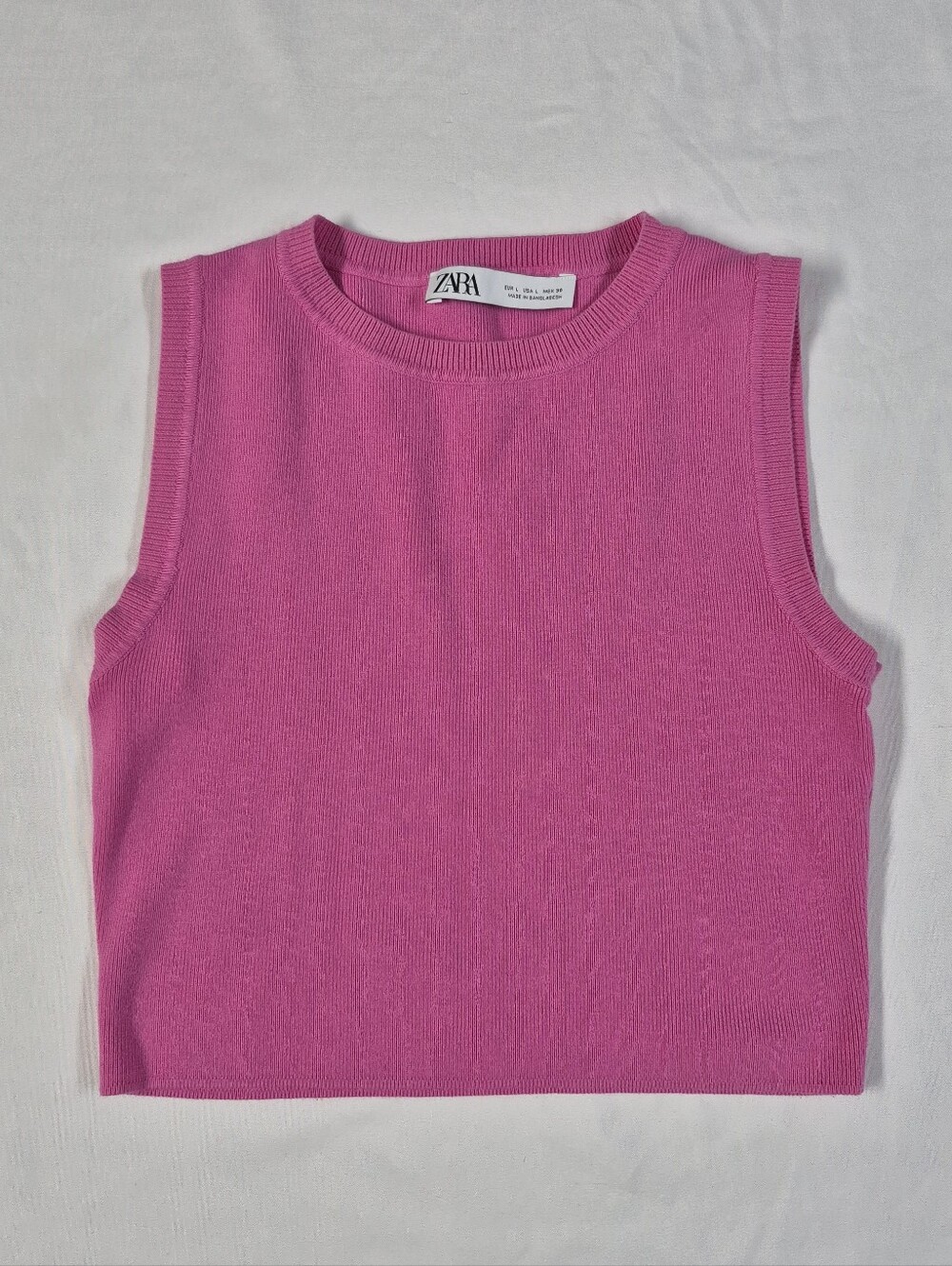 Zara Pink Ribbed Knit Crop Top Sleeveless Crew Neck Tank Blouse Size Large
